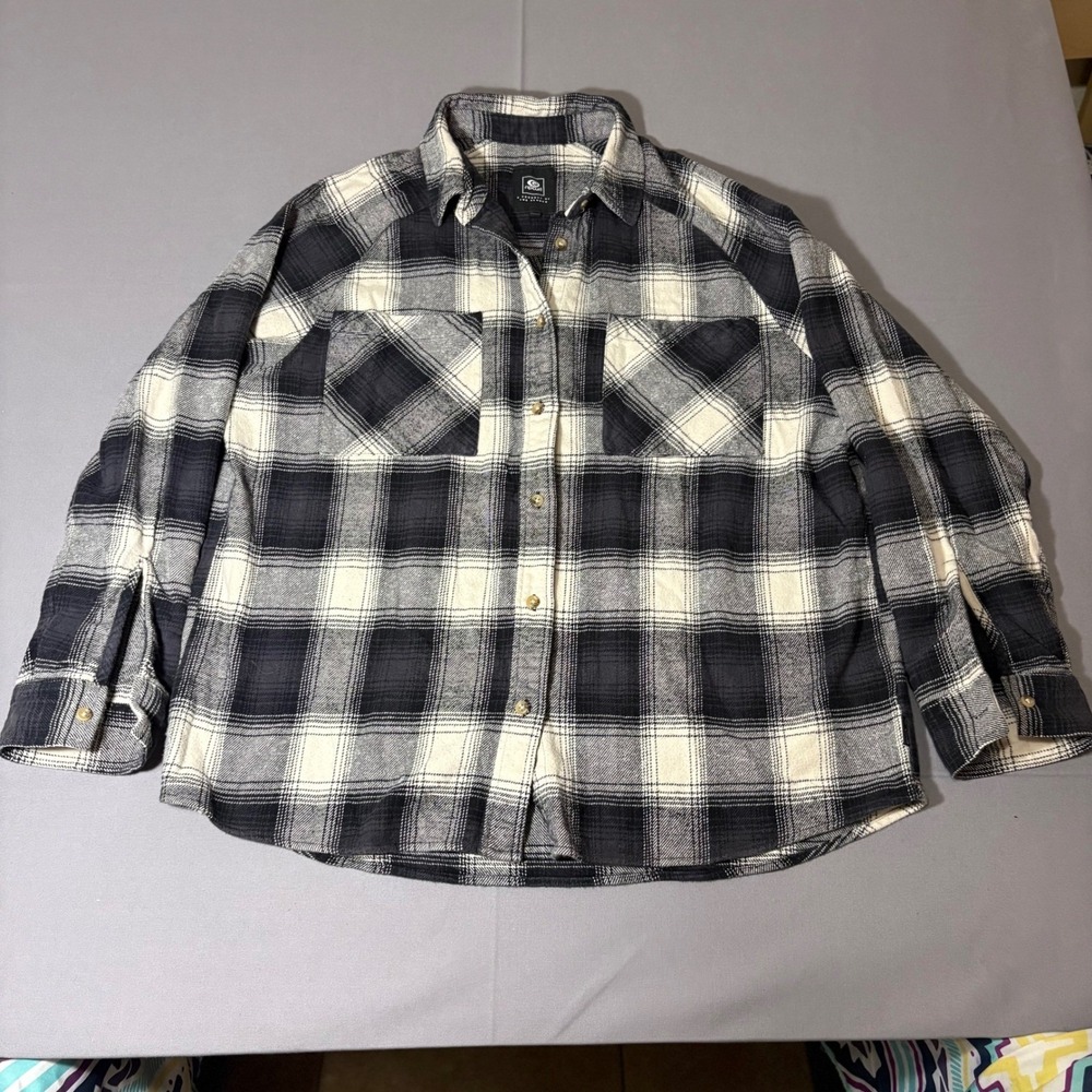 Rip Curl Flannel Shirt Womens Large Black White Plaid Cotton Button Down